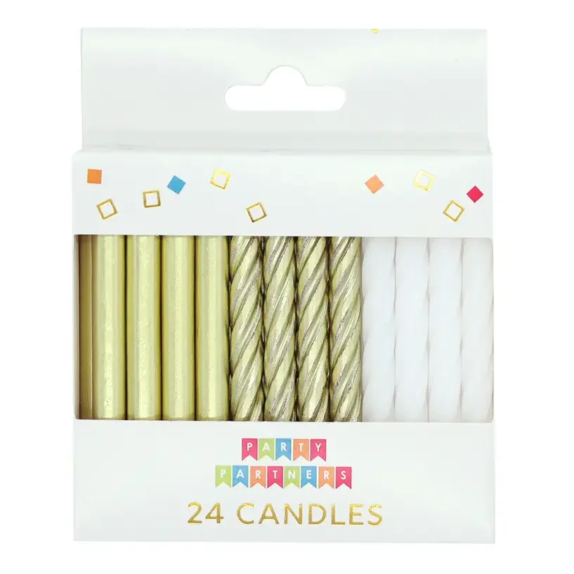 Gold Metallic & White Candles Set (24 Count)