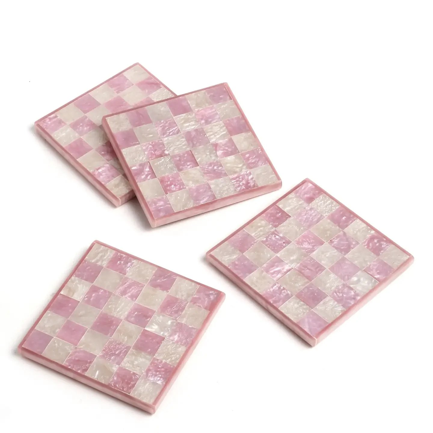 Pink Check Resin Coaster Set of 4