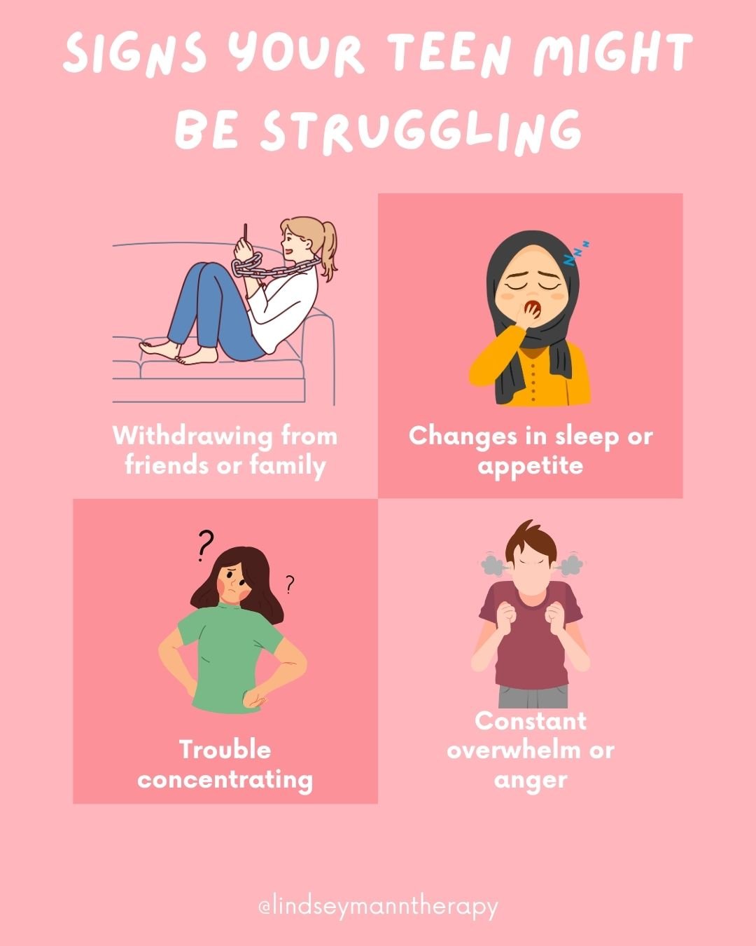 Not sure if it&rsquo;s &ldquo;just teen stuff&rdquo; or something more?

Here are 4 signs your teen might benefit from therapy:

✅ Withdrawing from friends or family
✅ Changes in sleep or appetite
✅ Trouble concentrating
✅ Constant overwhelm or anger