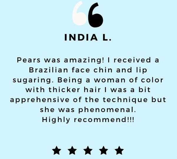 Testimonial review from India L. praising Pears for a Brazilian sugaring service. Includes five-star rating.