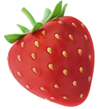 A close-up of a strawberry with green leaves on top.