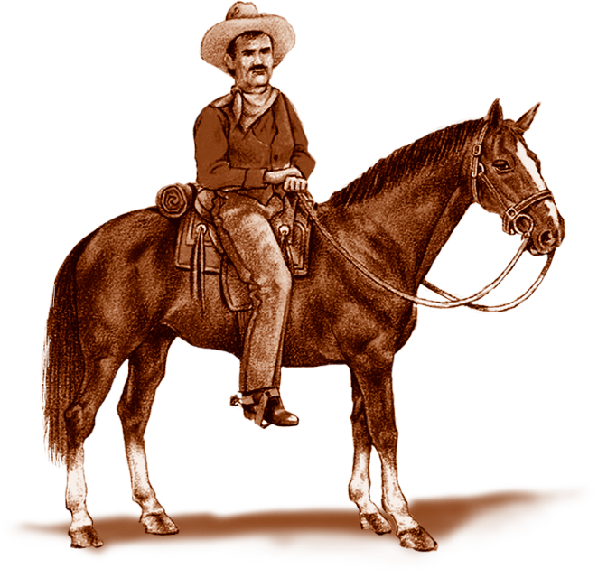 A sepia-tone illustration of a man wearing a wide-brimmed hat, sitting on a horse with a bridle, saddle, and stirrups. The background is plain, emphasizing the man and horse.