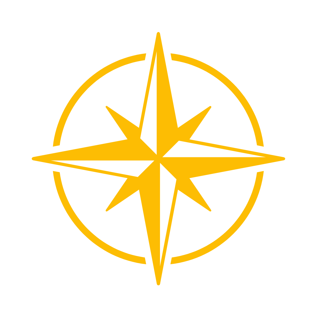 A black and yellow compass rose emblem with eight points.