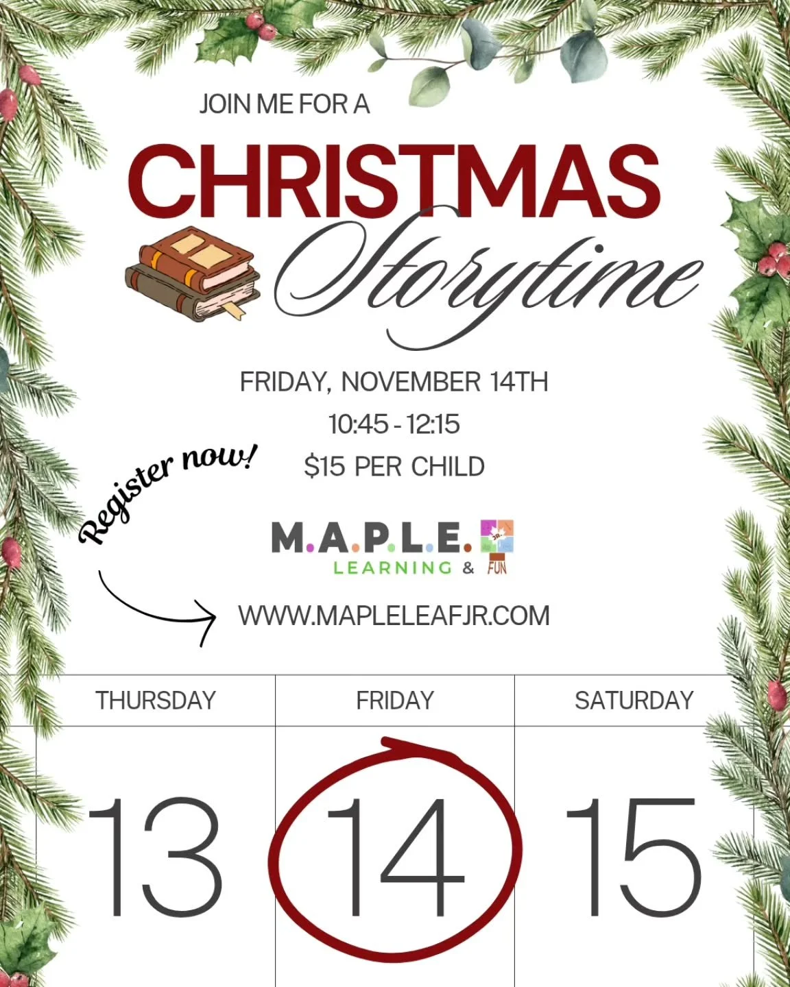 Save the date! If you're in the area, join me at @mapleleaf_jr in Lake Wylie next Friday, NOVEMBER 14TH! 🎄📚✨️ I will be reading The Greatest Nativity Scene and signing books! For every book sold, there will also be a free gift for the little one in