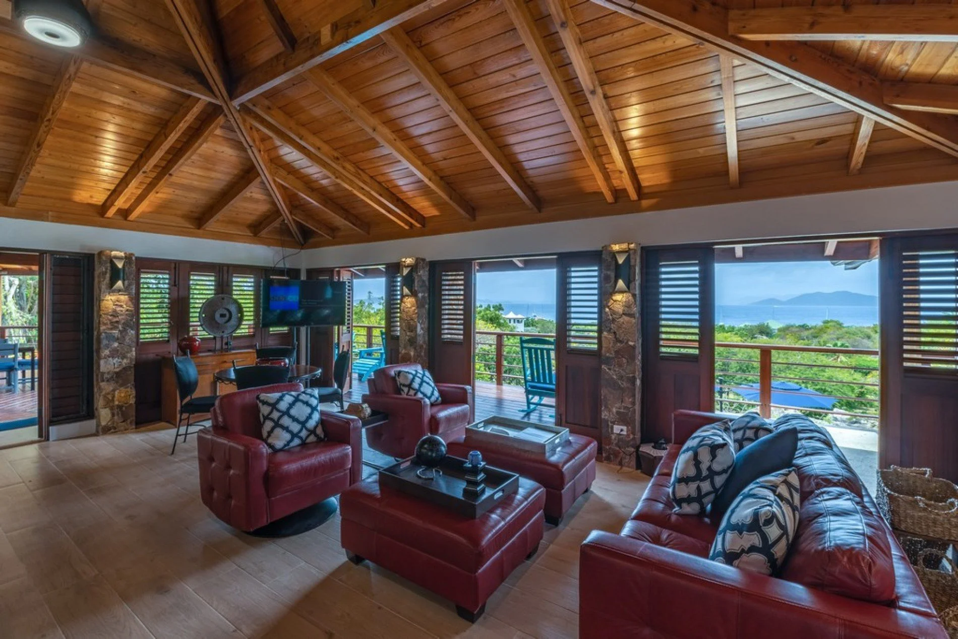 Open kitchen and living room at Eden Waters Villa in Little Trunk Bay