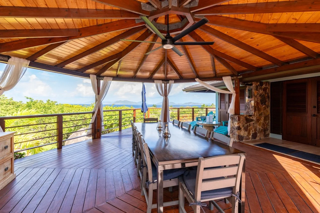 Open kitchen and living room at Eden Waters Villa in Little Trunk Bay