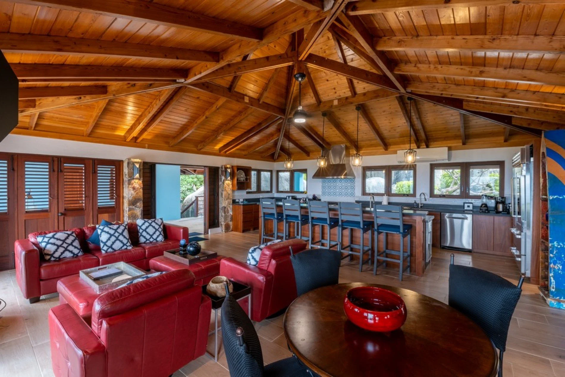 Open kitchen and living room at Eden Waters Villa in Little Trunk Bay
