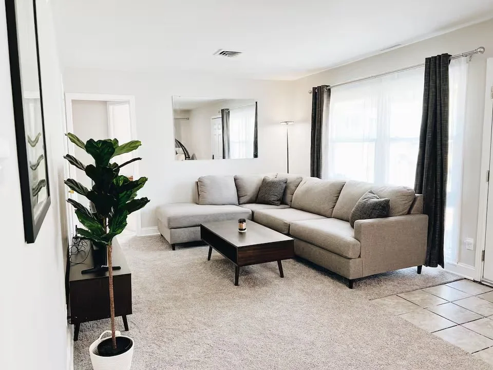 Living room with a beige sectional sofa, dark curtains, a wooden coffee table, a floor lamp, a large green plant, and windows with white curtains.