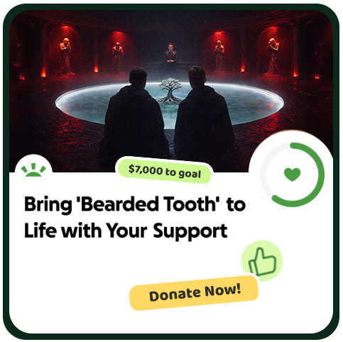 Two people sitting and observing a dark, mystic room with a circular glowing pool, surrounded by statues illuminated in red light, with a figure standing in the background.