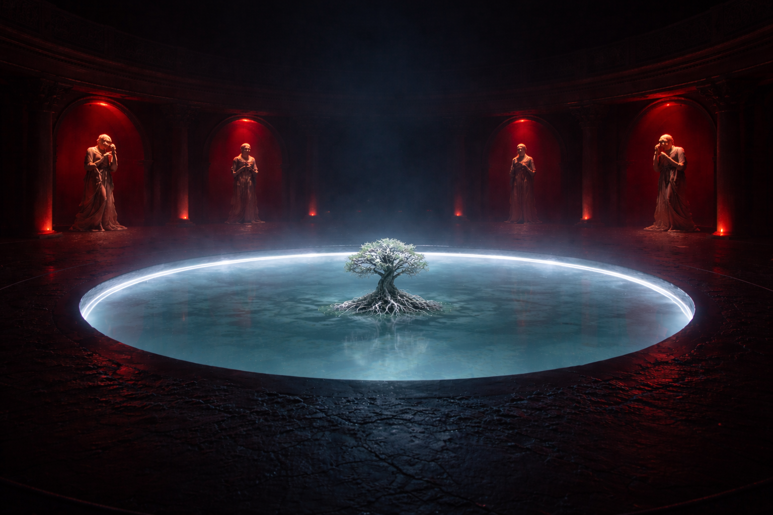 A dark, circular room with red lighting and statues along the walls. In the center is a glowing, circular water feature with a small tree and roots emerging from the water.