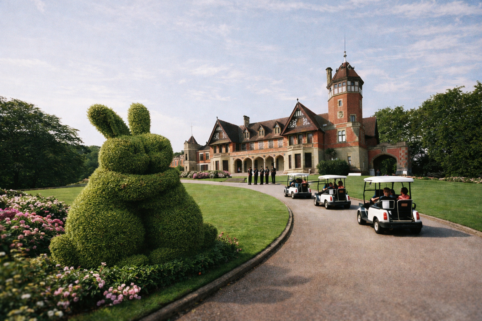 A large historic mansion with a turret, surrounded by a well-maintained garden, with a pathway leading to it. In the garden, a topiary shaped like a bear, pink and white flowers, and a group of golf carts with people driving on the pathway.
