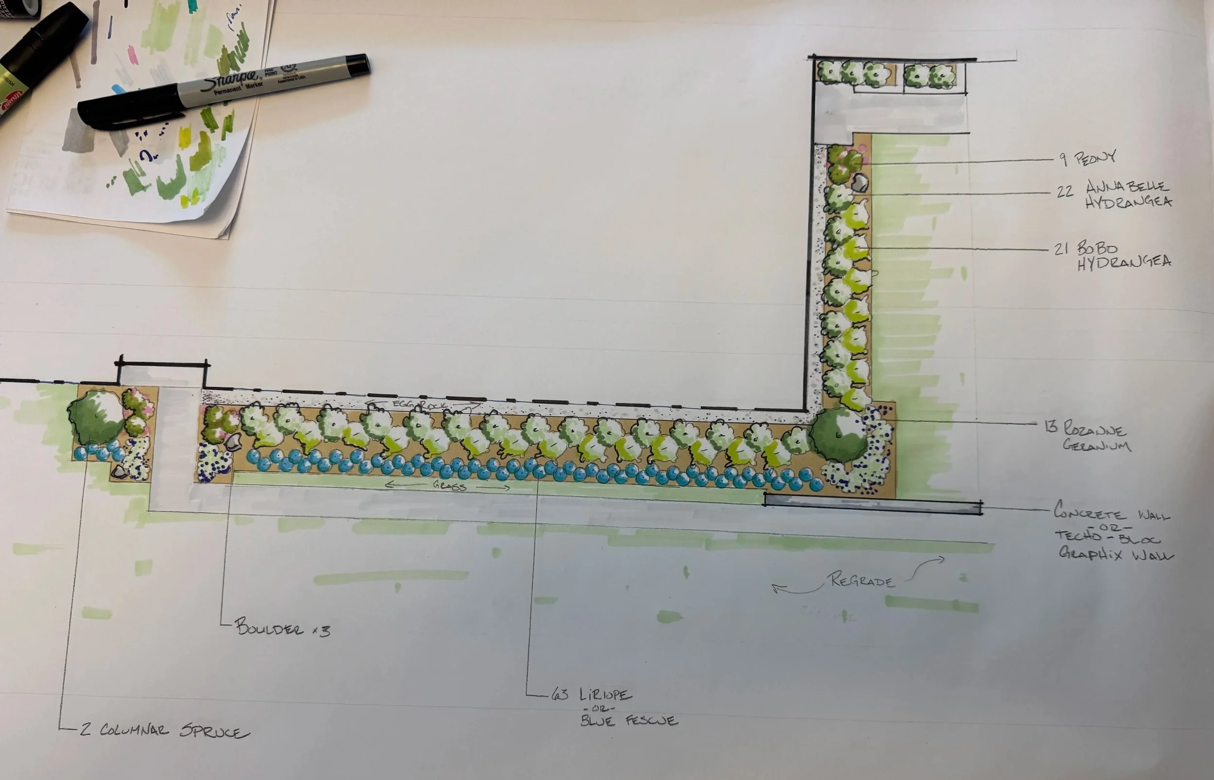 Landscape design plan with labeled plants, trees, shrubs, and structures, including a concrete wall, gravel area, and asidewalk, featuring a detailed garden layout.