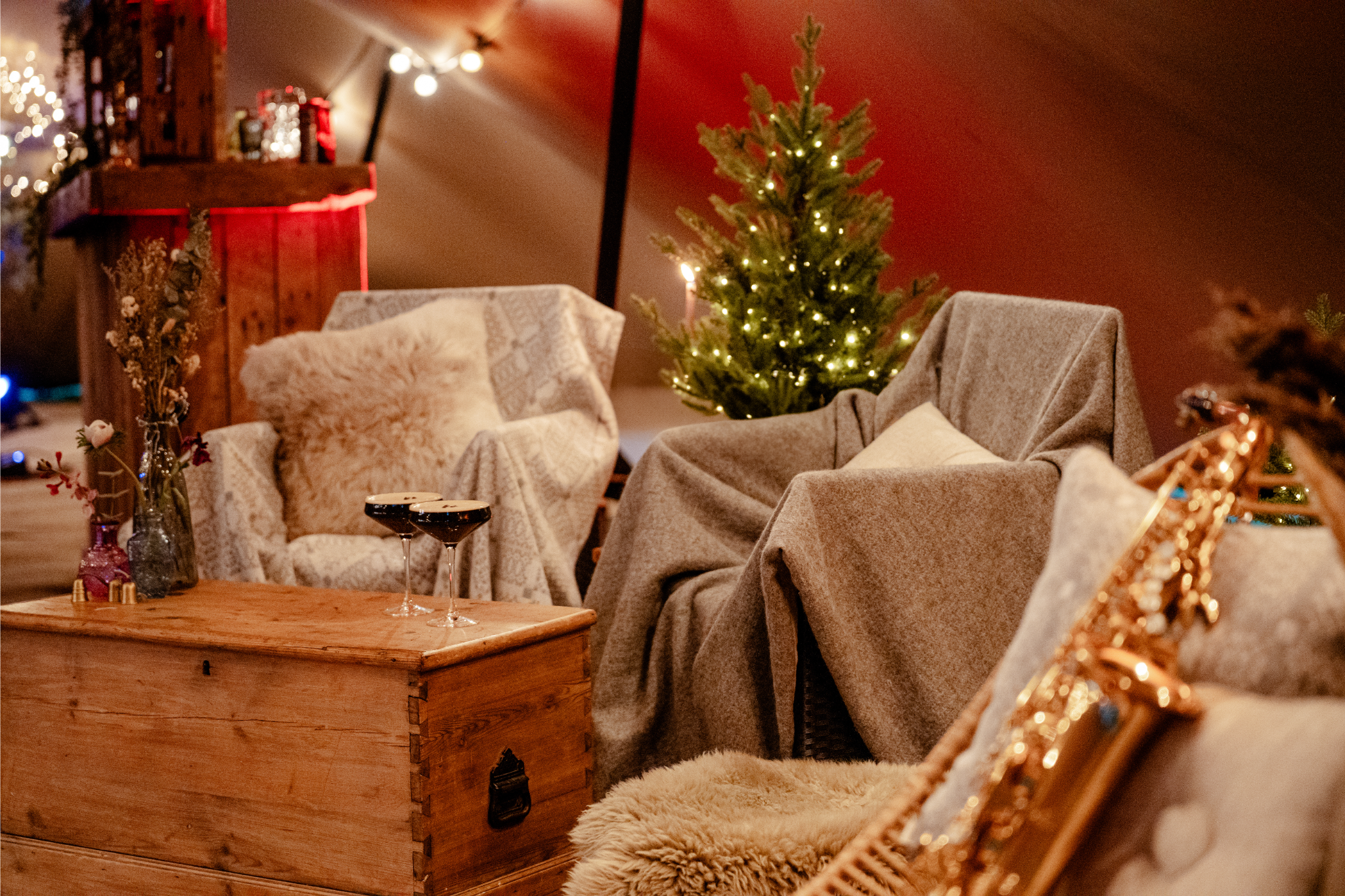 Nordic Nights decorations with saxophone and rustic sheepskin decor bar area.png
