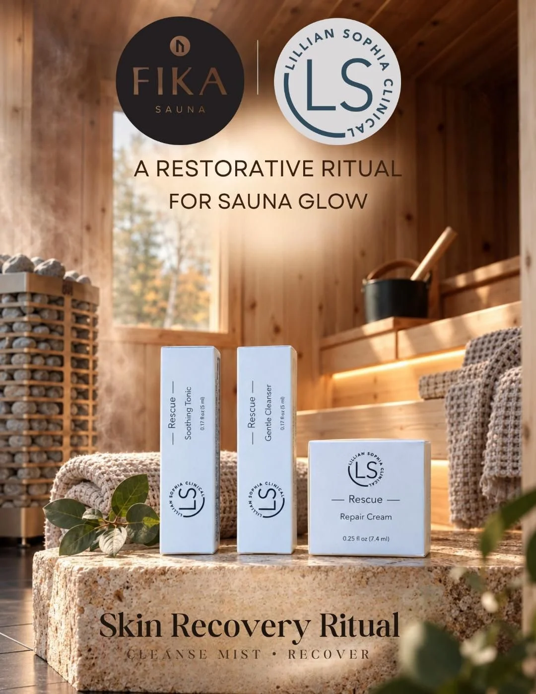 FIKA Sauna and Lillian Sophia Clinical skincare trial pack featuring cleanser, soothing tonic and repair cream.