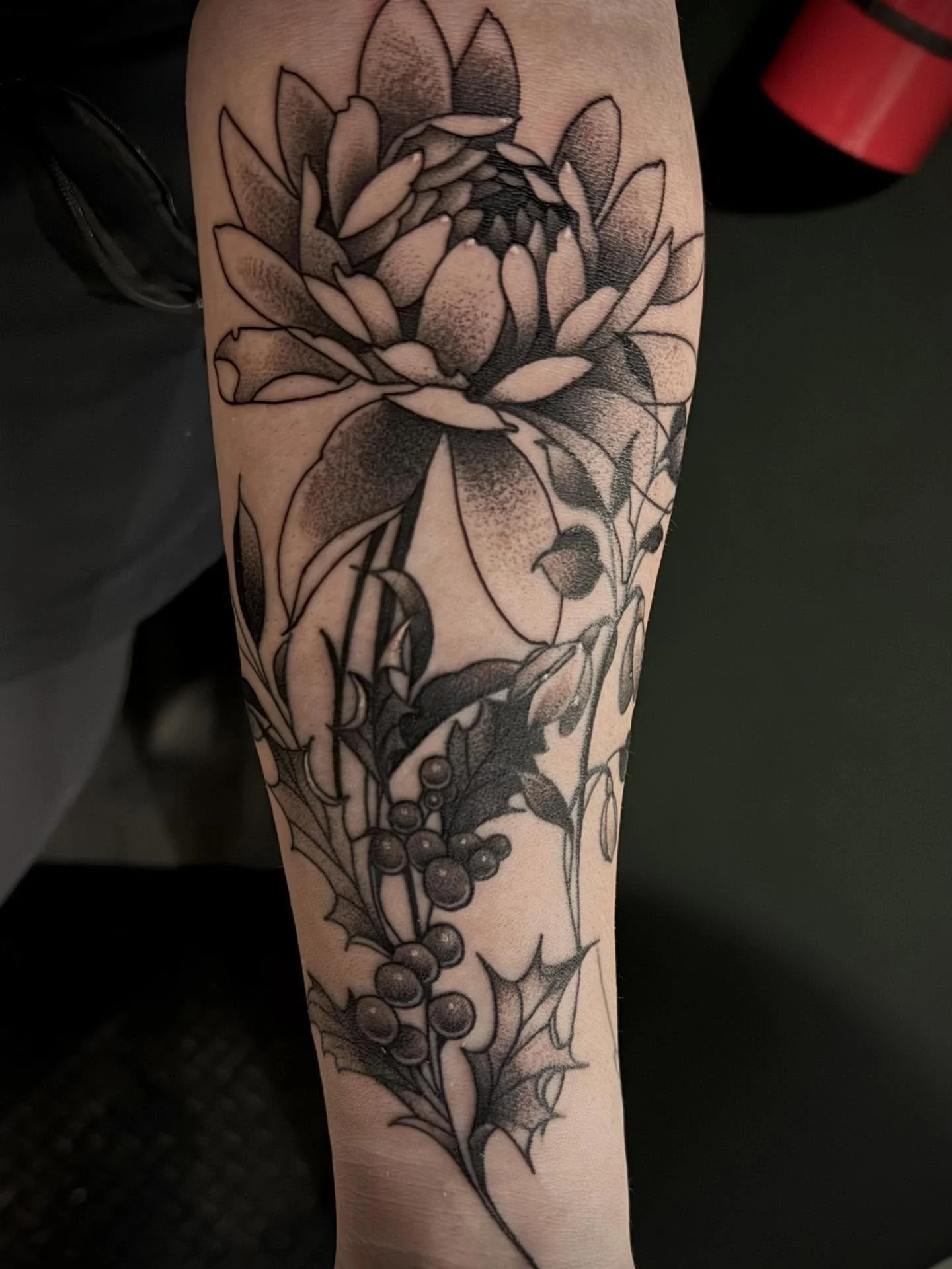 A fun design of birth flowers for @mikayla_casey1 

#floral #floraltattoo #whipshading #black #blacktattoo #blackandgrey #linework #lineworktattoo #forearm #armtattoo #holly #hollytattoo #crysanthemum #snowdrop #panthera #blackclaw #hustlebutterdelux