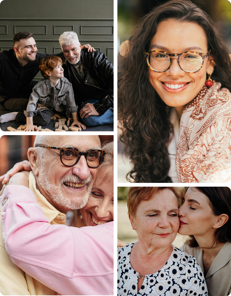 Collage of four photographs featuring diverse people, including a family with a young boy, a woman with curly hair and glasses, an older man with glasses and a woman embracing, and an older woman with a younger woman kissing her cheek.