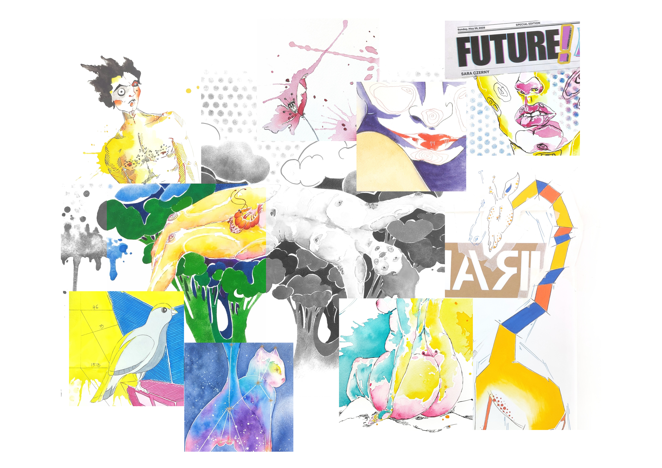 Eine Collage aus verschiedenen Kunstwerken, einschließlich Porträts, Blumen, Tieren, abstrakten Mustern und Text, in lebendigen Farben und unterschiedlichen Stilrichtungen.