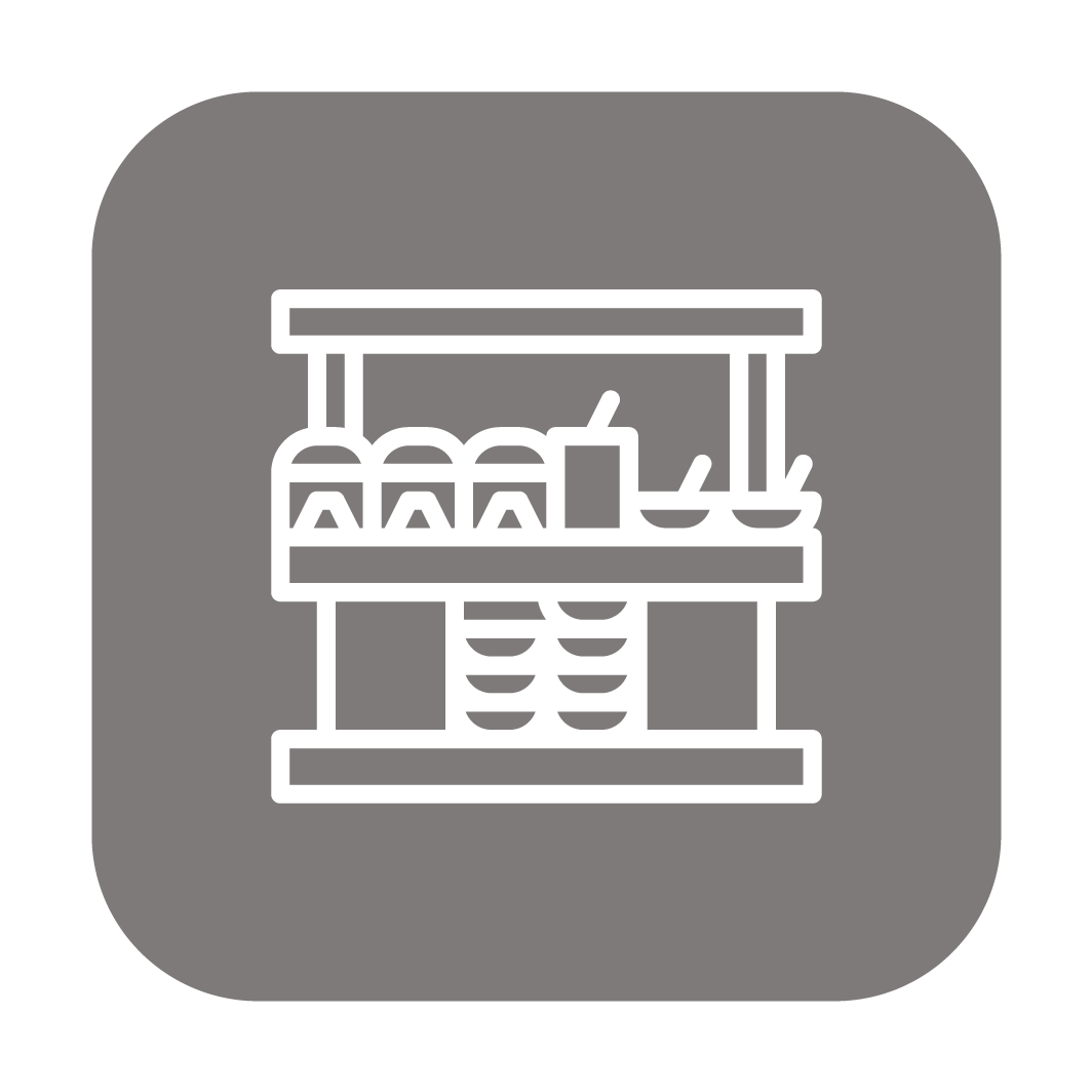 Outline icon of a convenience store shelf with bottles, a container, and bowls on a gray background.