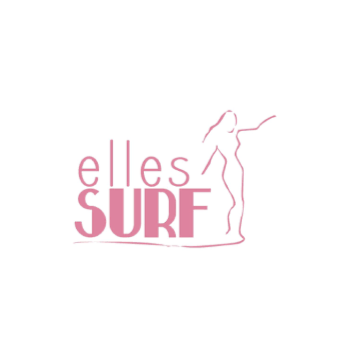 Logo for Elles Surf featuring a pink outline of a woman surfing and the words Elle Surf in pink letters.