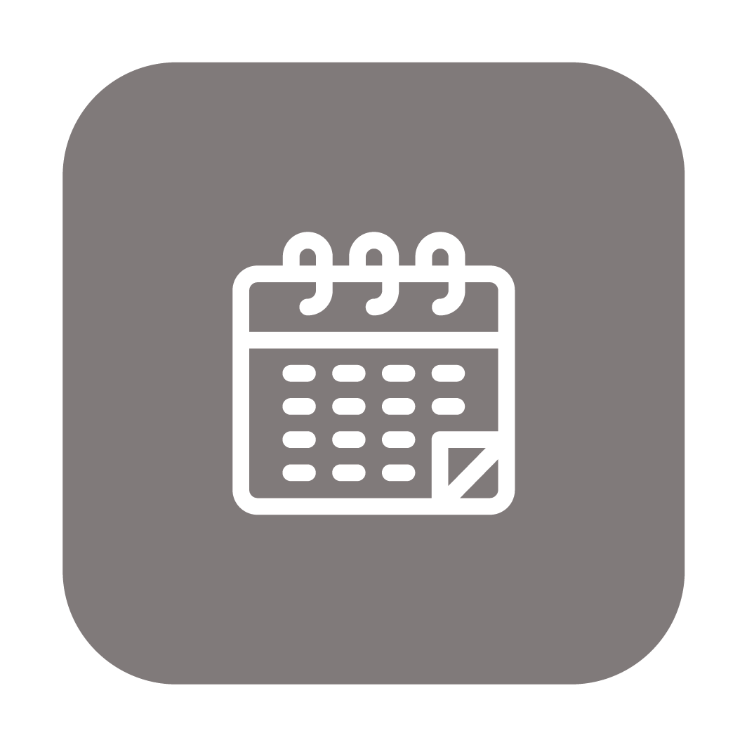 Icon of a calendar with a corner folded down on a gray rounded square background.