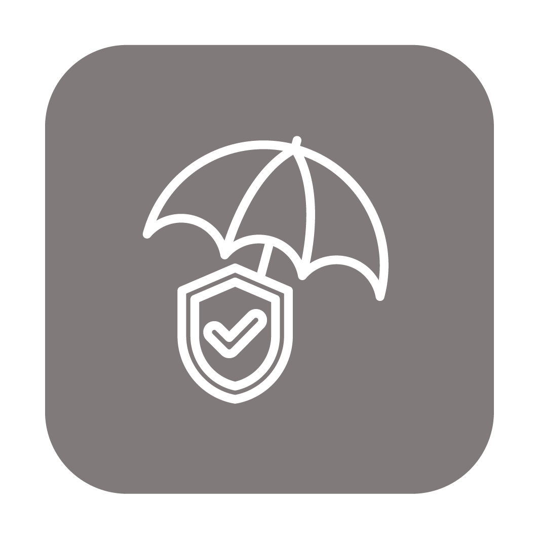 Icon of an umbrella above a shield with a checkmark, symbolizing protection and insurance.