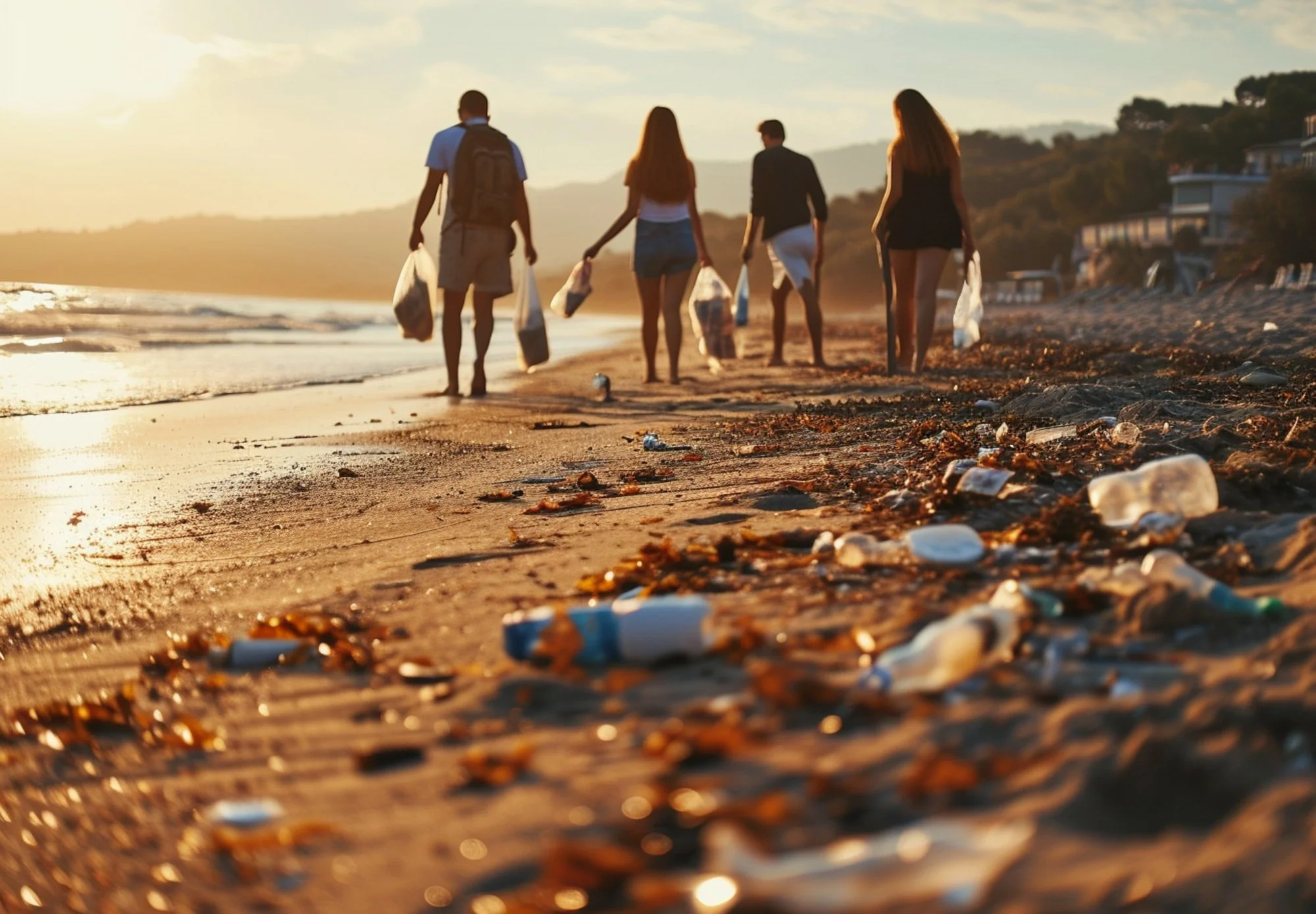 Olo surf & nature. Group of five people walking along a beach at sunset, collecting trash and cleaning up litter scattered on the sand.