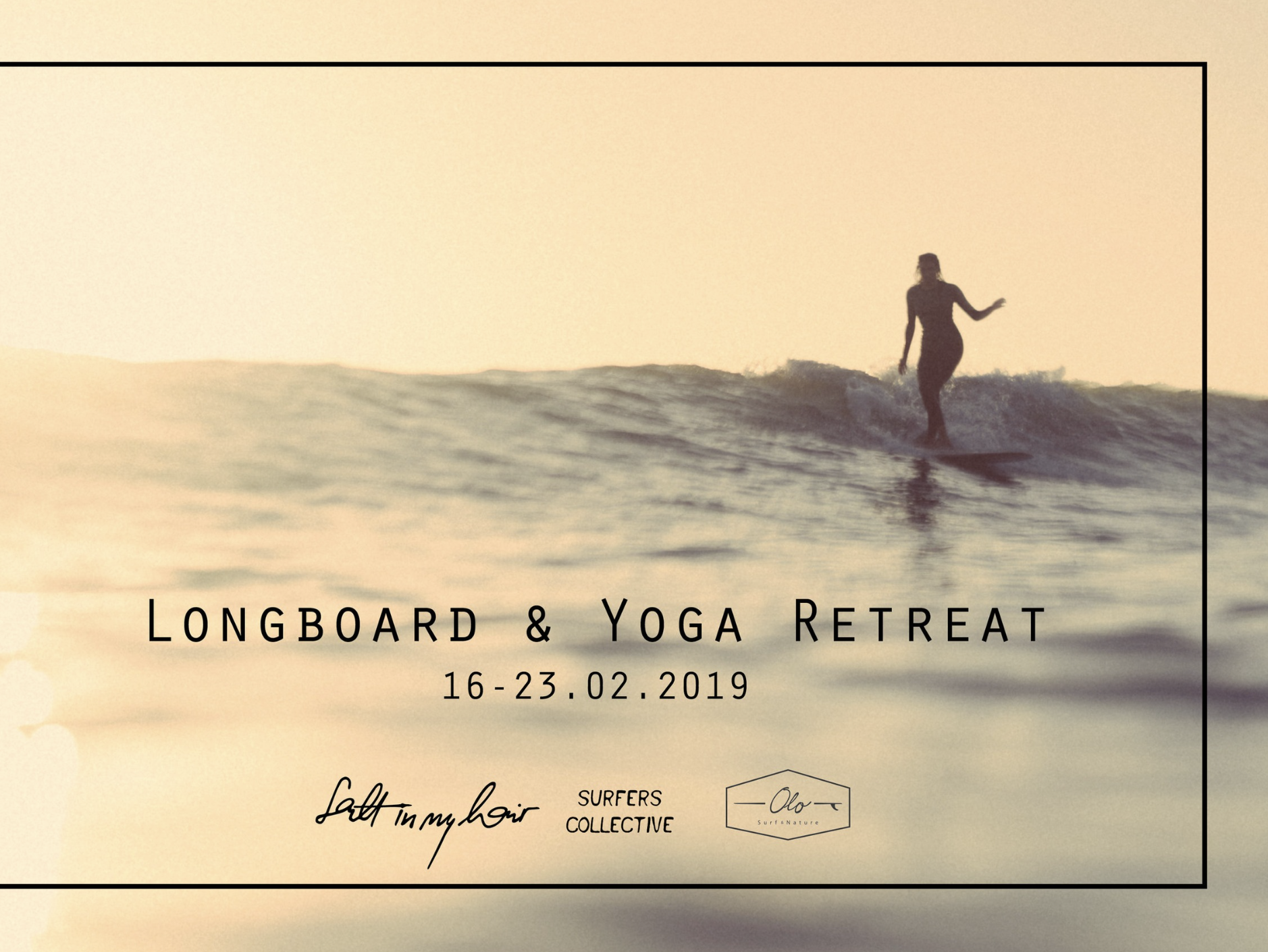 Silhouette of a woman surfing on a longboard at sunset with event details for a longboard and yoga retreat, February 16-23, 2019.