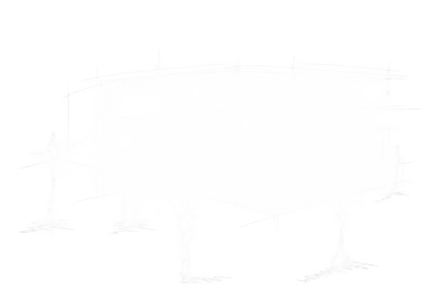 Une scène lumineuse et abstraite avec des figures humanoïdes esquissées, des lignes et des formes géométriques sur un fond noir, évoquant une installation artistique ou une conception numérique.