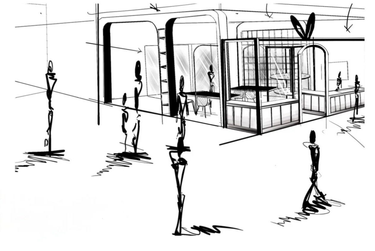 Croquis d'une architecture de café ou espace de restauration avec de grandes fenêtres, un comptoir, des chaises, et des plantes en pot à l'extérieur.