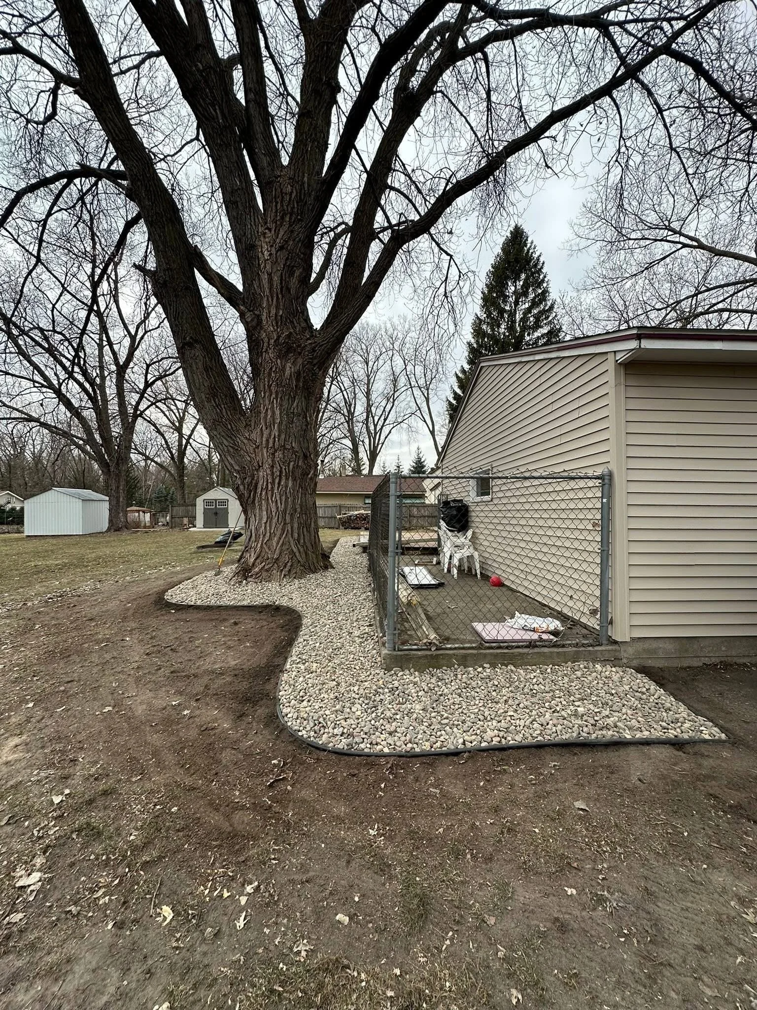 A backyard with a large leafless tree, a gravel border, a small deck with dog supplies, and neighboring storage sheds under a cloudy sky.