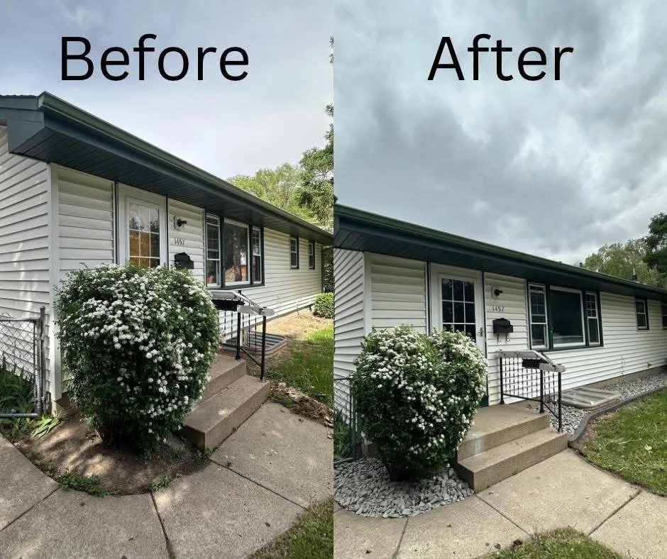Side-by-side comparison of a house before and after landscaping. The 'before' side shows overgrown bushes and tired appearance. The 'after' side shows a trimmed bush, clean landscape, and fresh appearance.