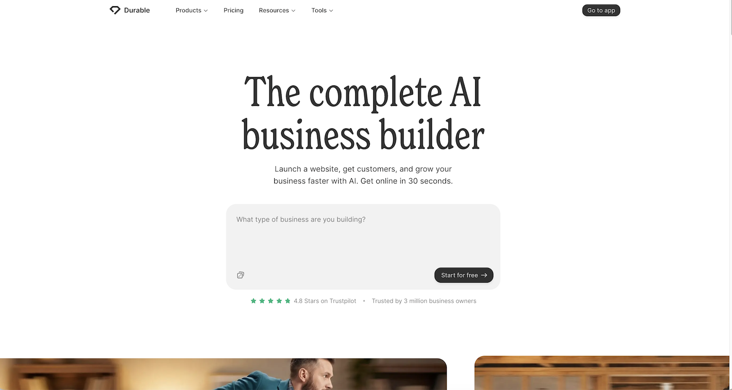 Durable AI website builder's landing page