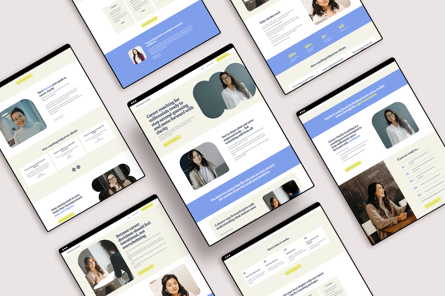 Tablet screens showing a website for a career coach