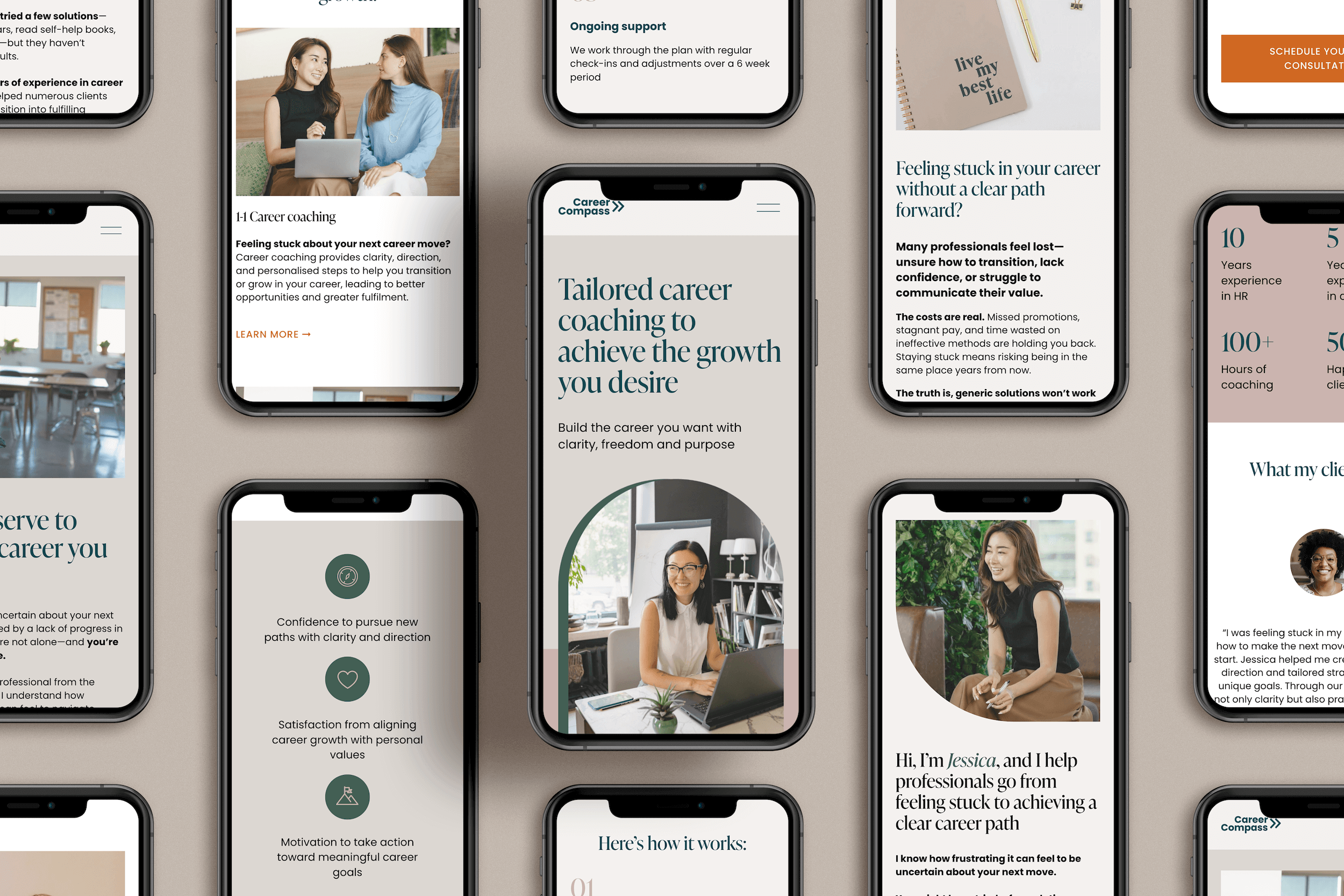 Mock-ups of a website for a career coach on mobile