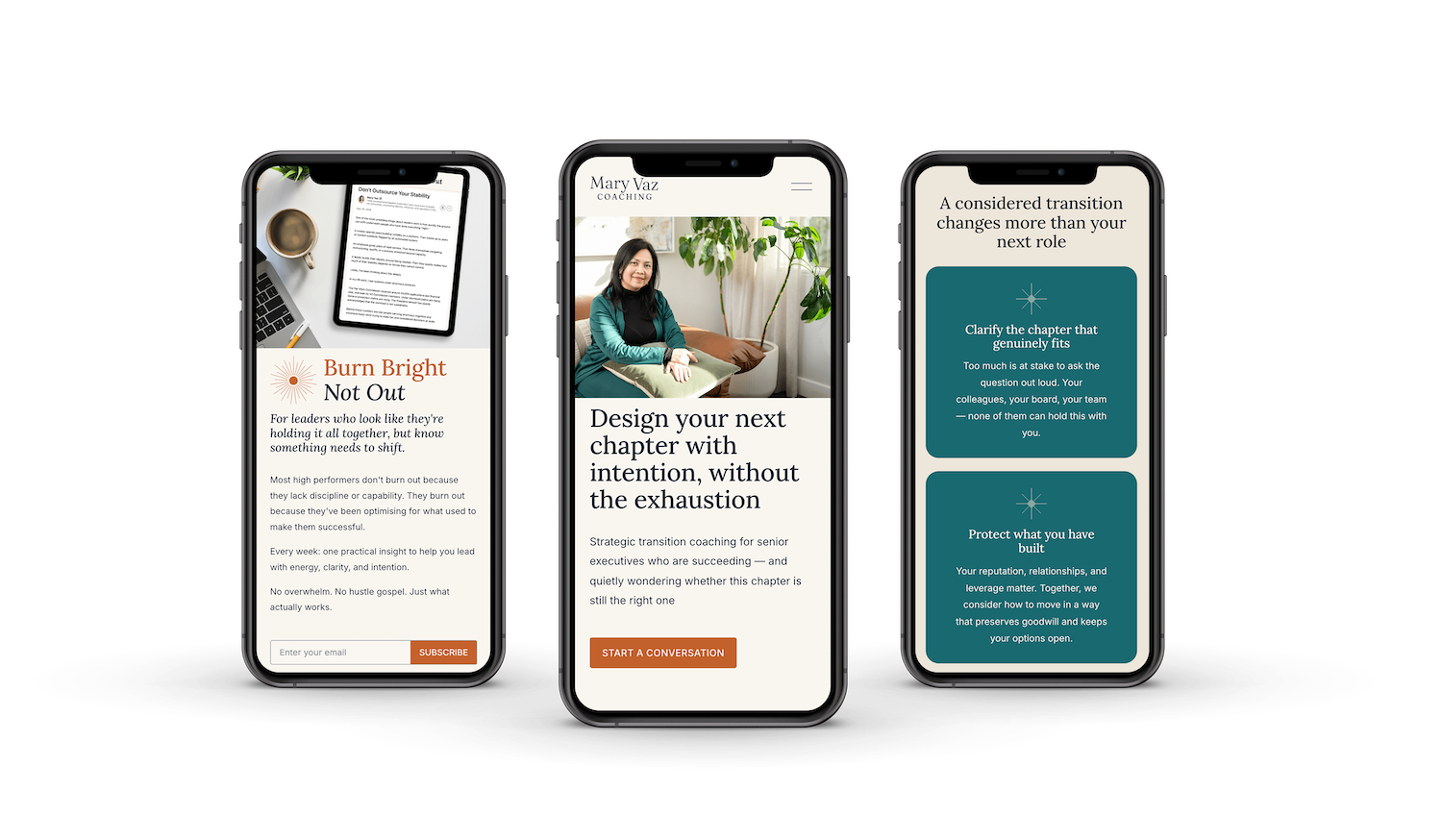 Three smartphones displaying different pages of Mary Vaz Coaching's new website