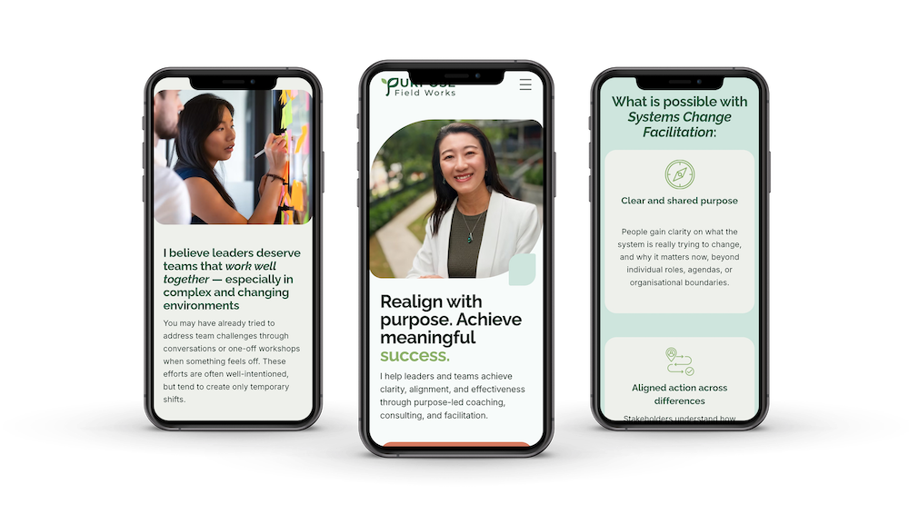 Three smartphones displaying different pages of Purpose Field Works' website