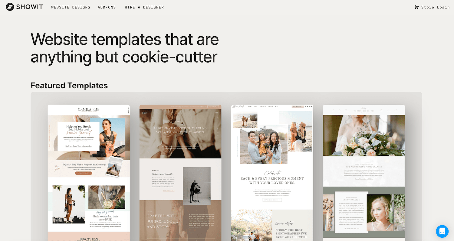 Showit's landing page showing their website templates