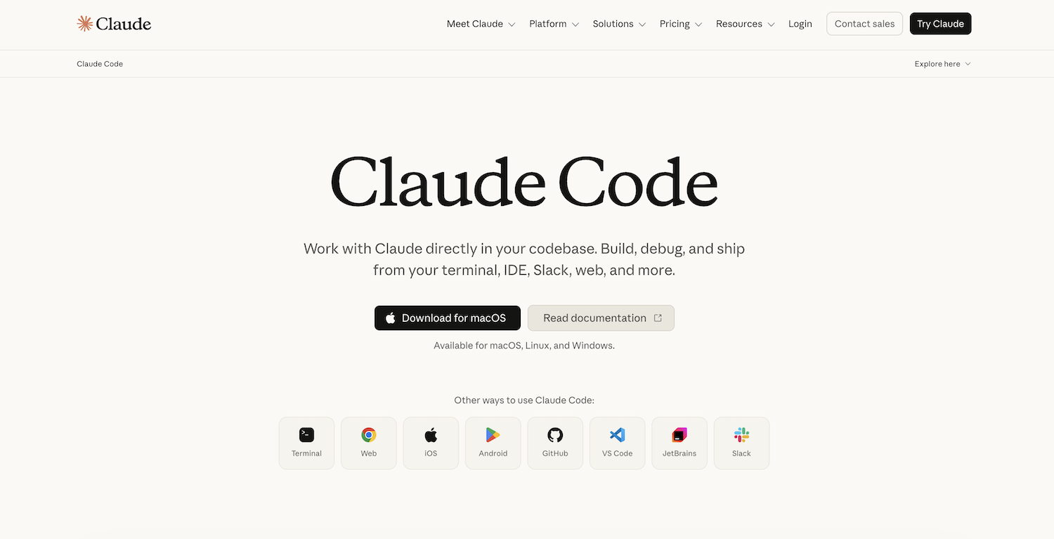 Claude Code's landing page