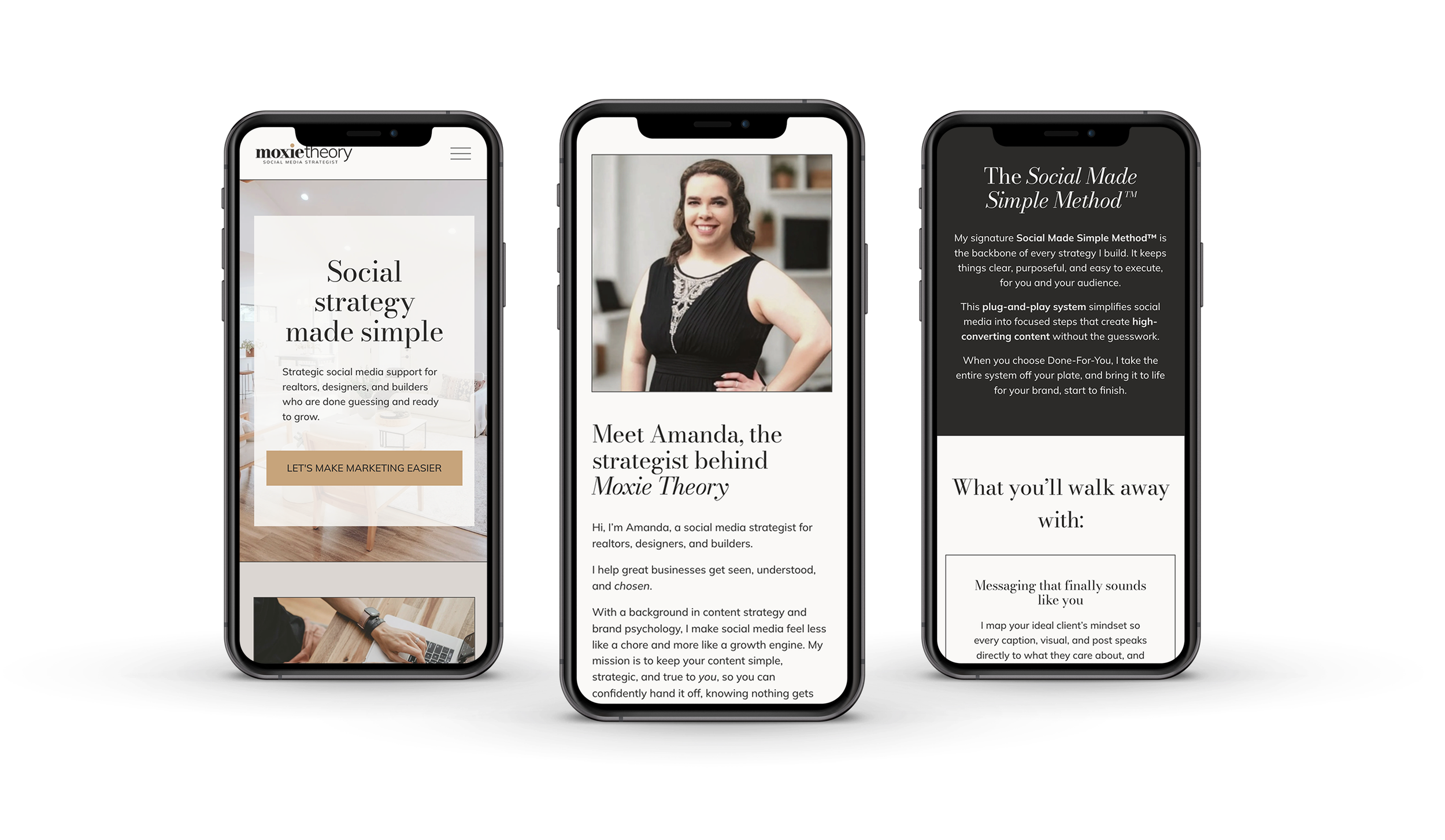Three smartphones displaying different pages of Moxie Theory's webiste