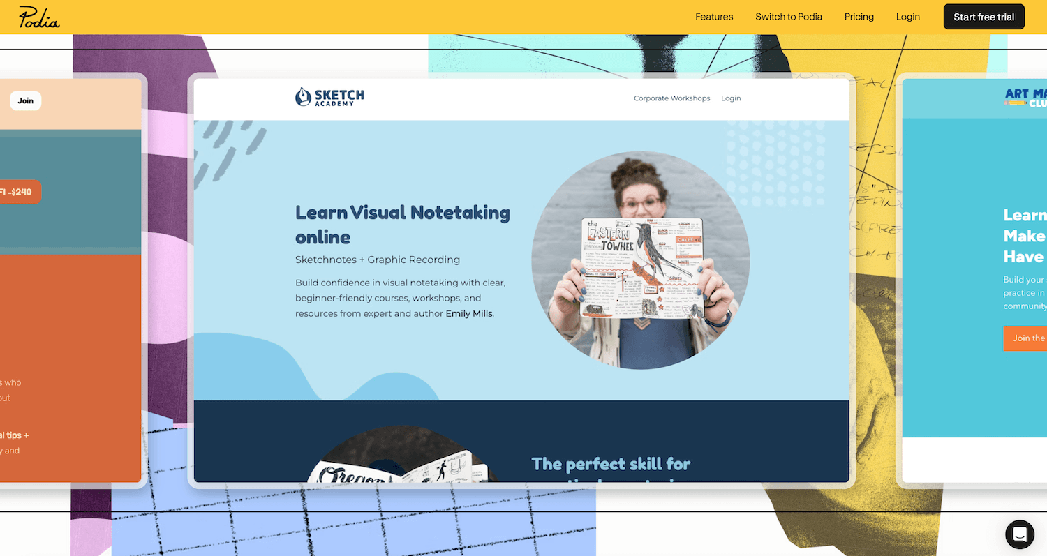 Podia's landing page