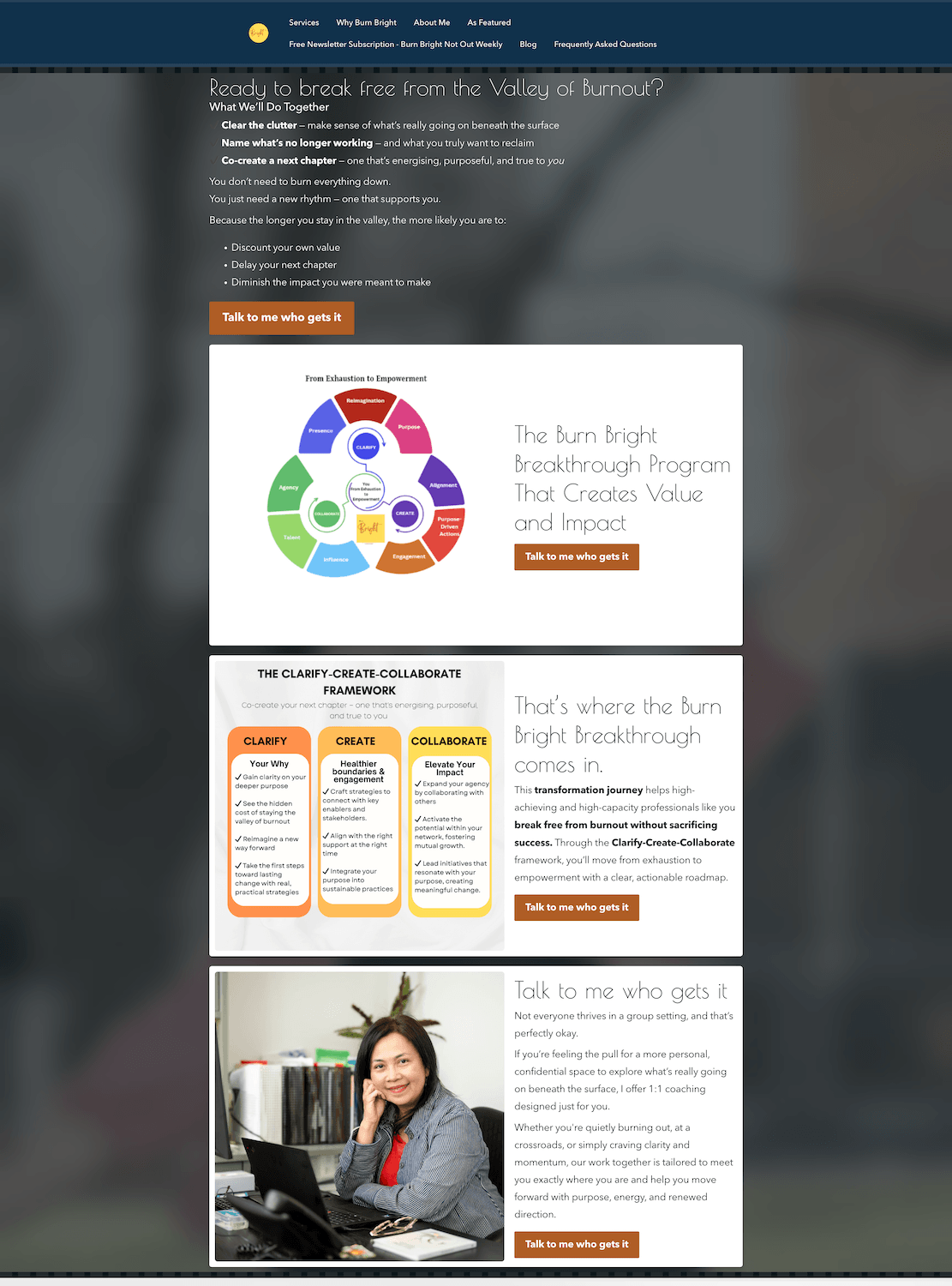 Mary's old website showing the services page