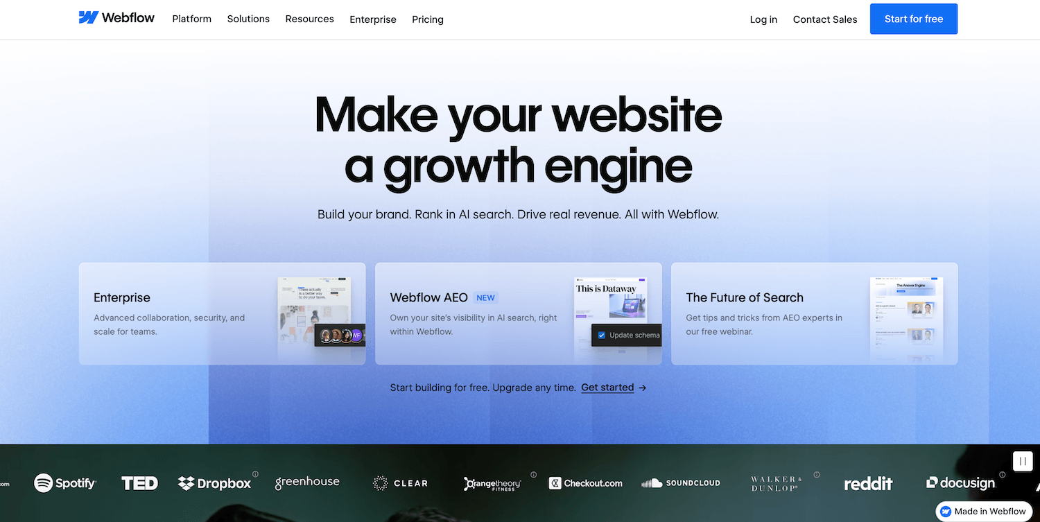 Webflow's landing page showing their features