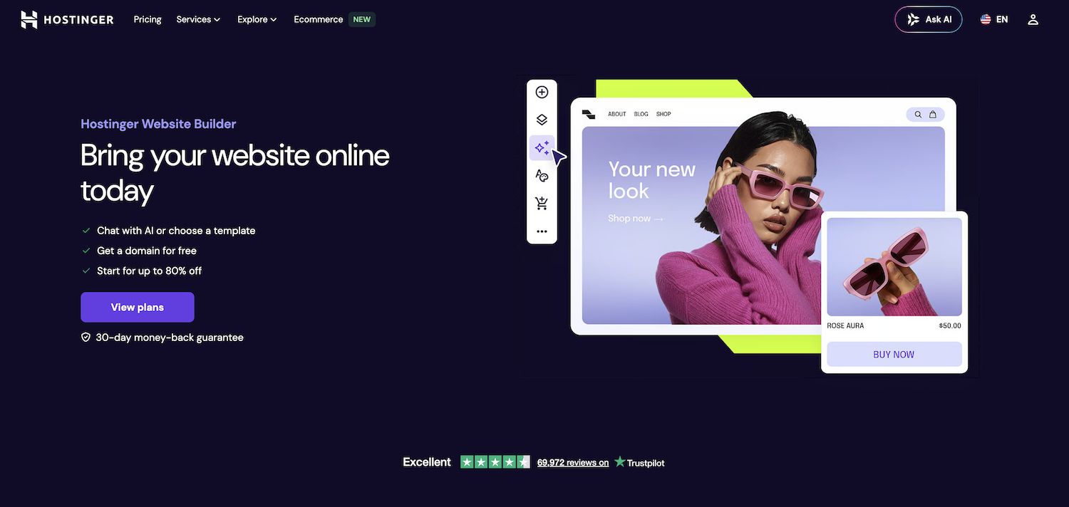 Landing page of Hostinger's website builder
