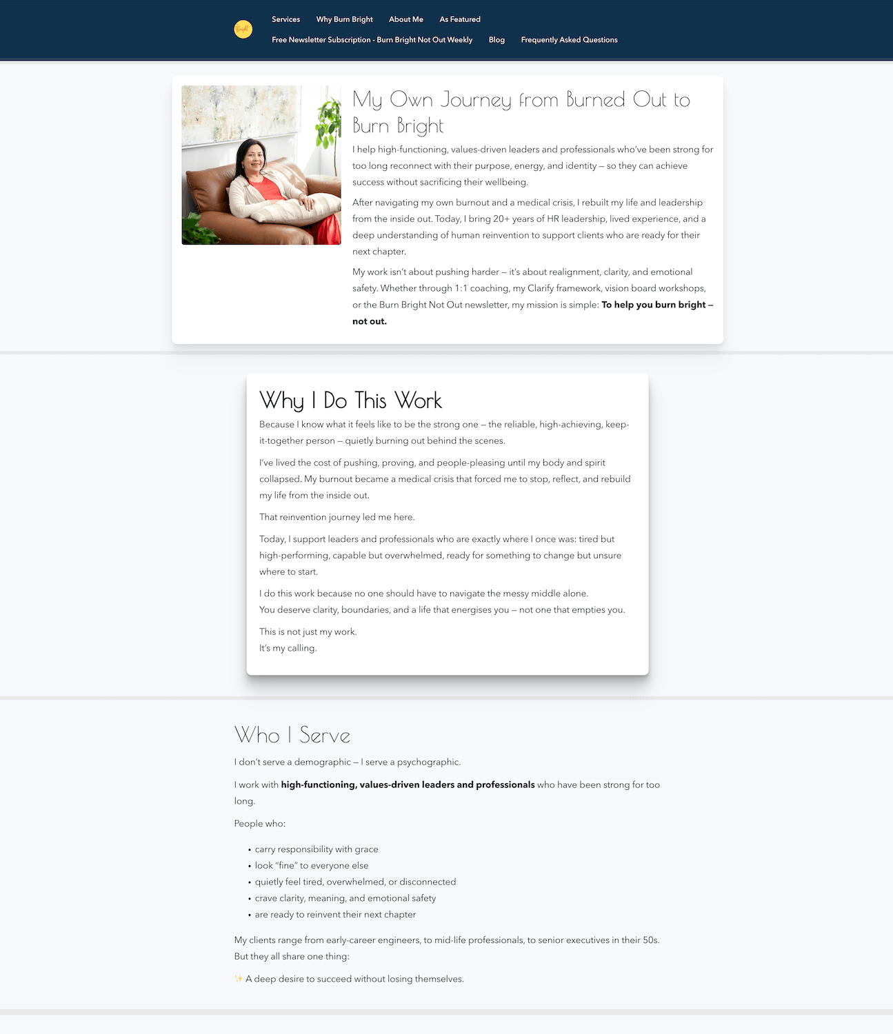 Mary's old website showing the about page