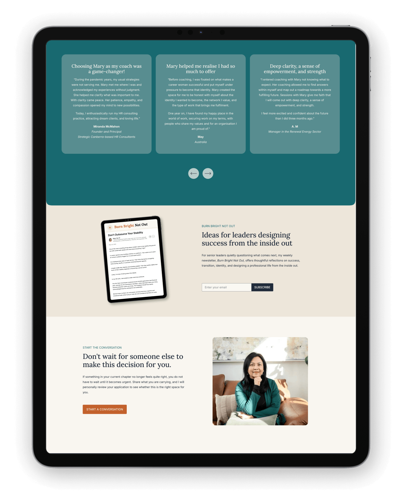 Mary's new website home page showing the newsletter sign up