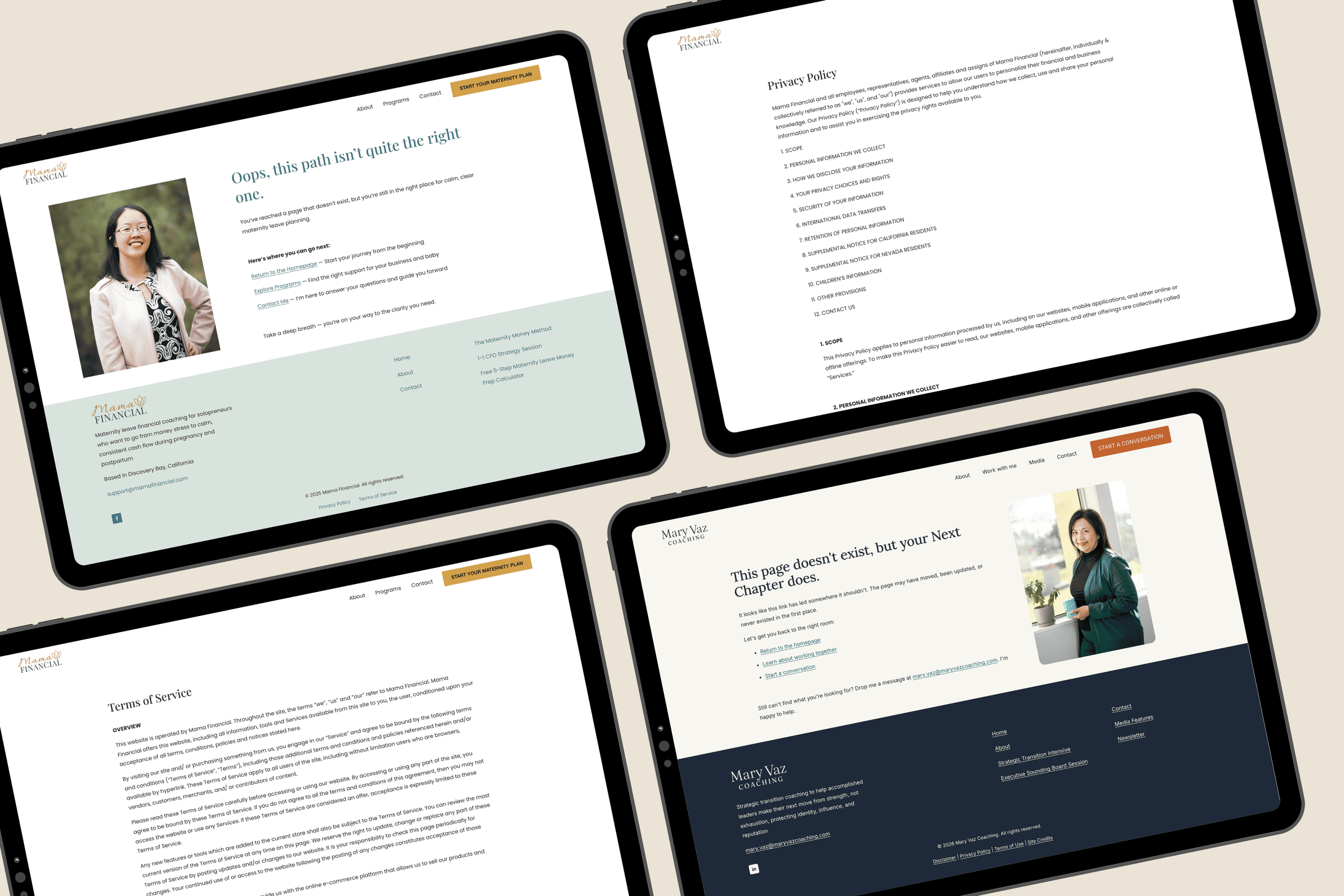 Tablet view of custom 404 pages and legal pages