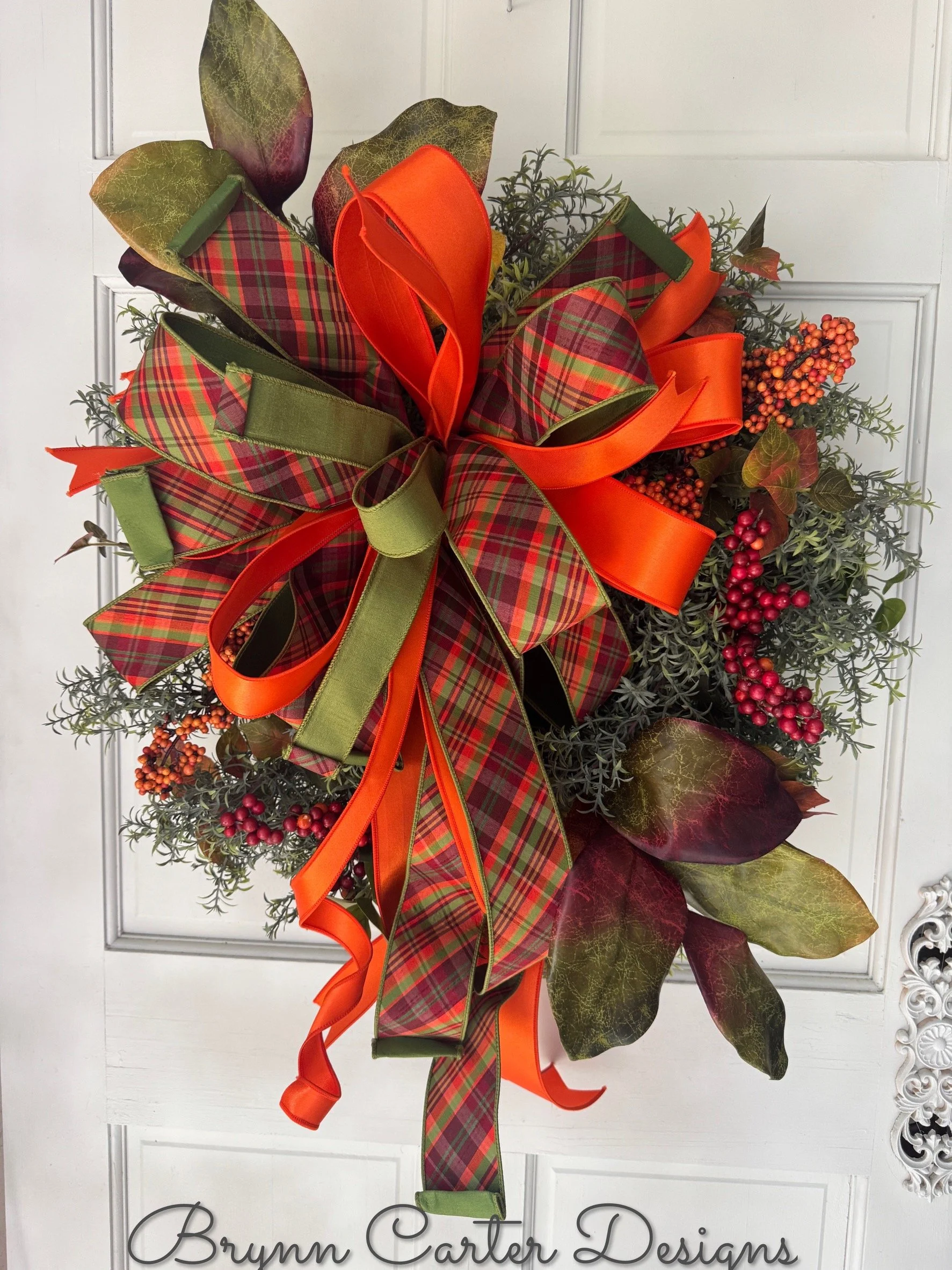 Burgundy/Orange Plaid Wreath with Leaves and Berries