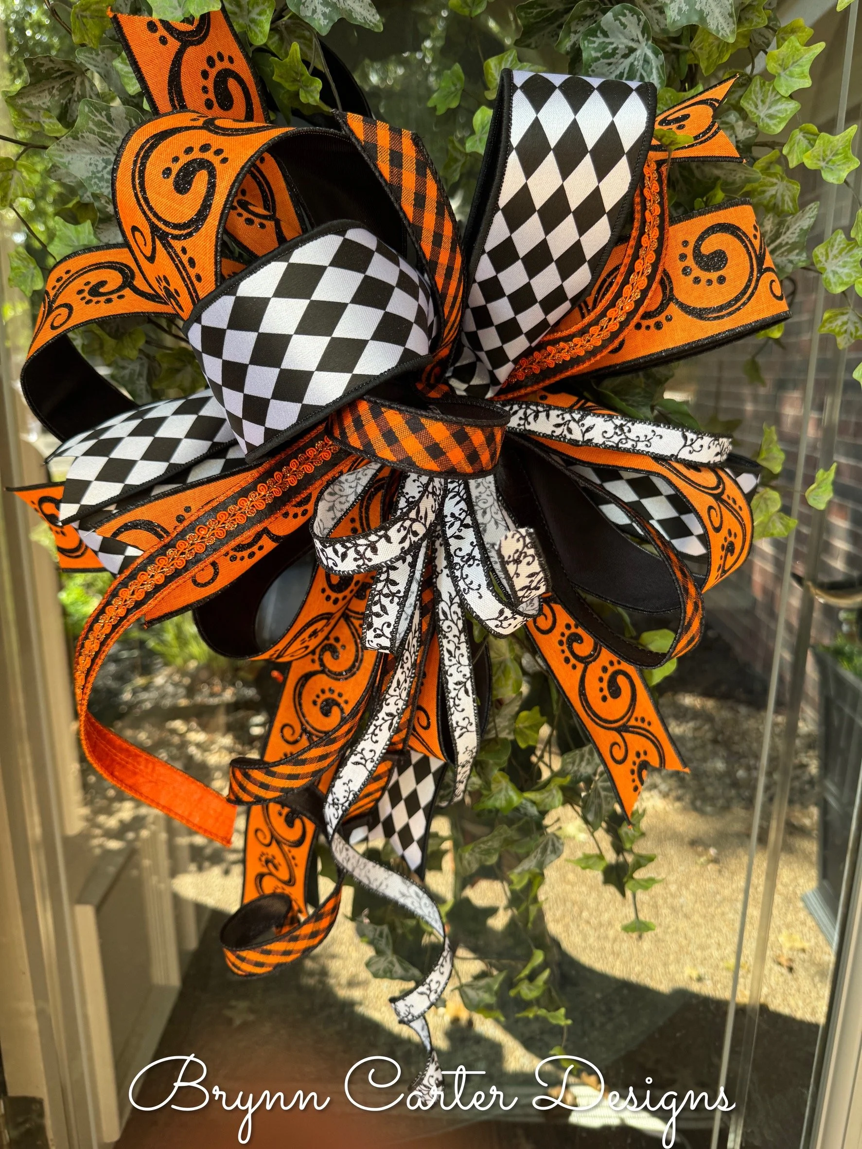 Designer Halloween Orange, Black, and White Bow