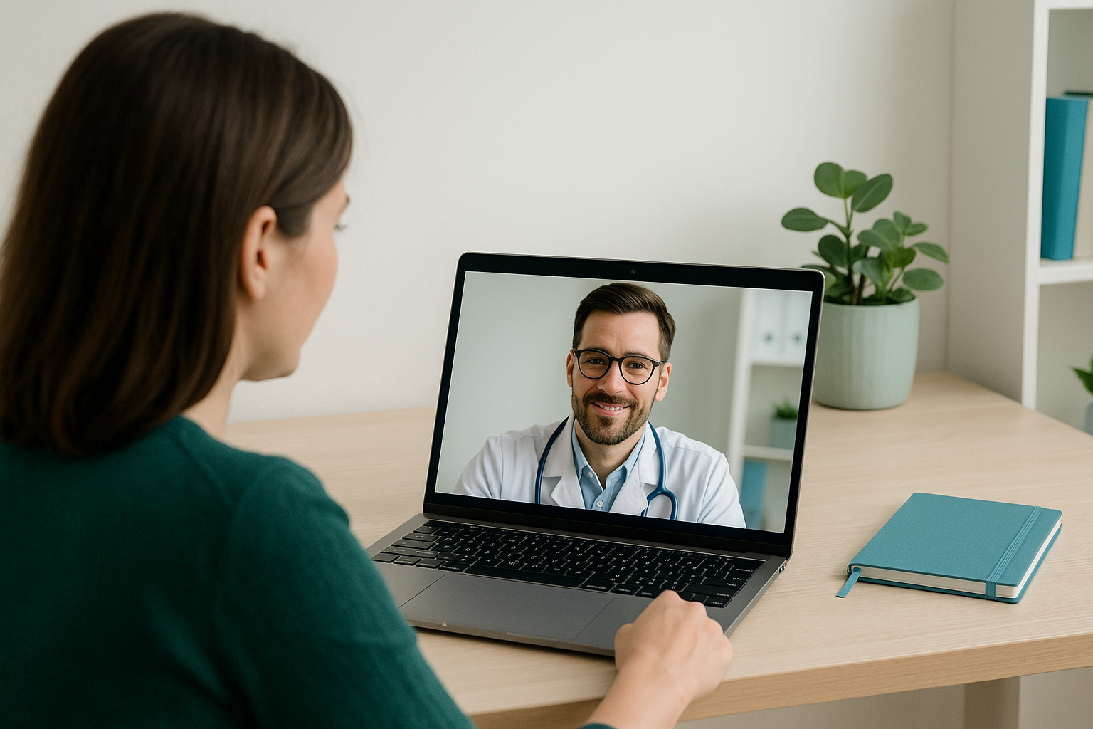 A patient in a cozy home office video‑chatting with their doctor.