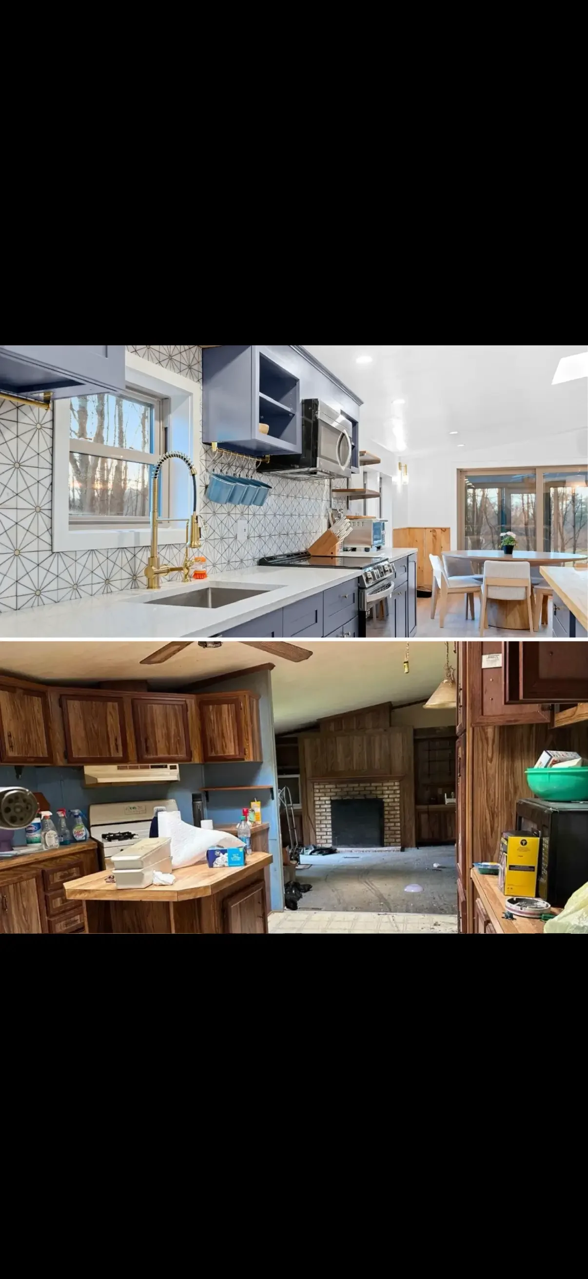 Comparison of a modern, clean kitchen with new cabinets and appliances above, and an older, cluttered kitchen with wooden cabinets and a living room with a brick fireplace below.